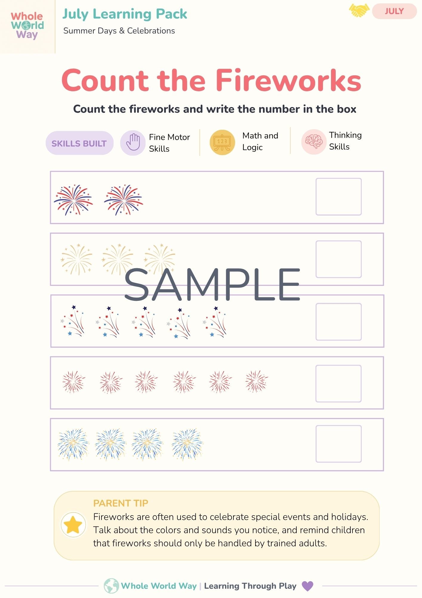 July Printable Learning Pack for Preschoolers (Ages 3–5) | Summer & Independence Day Activities