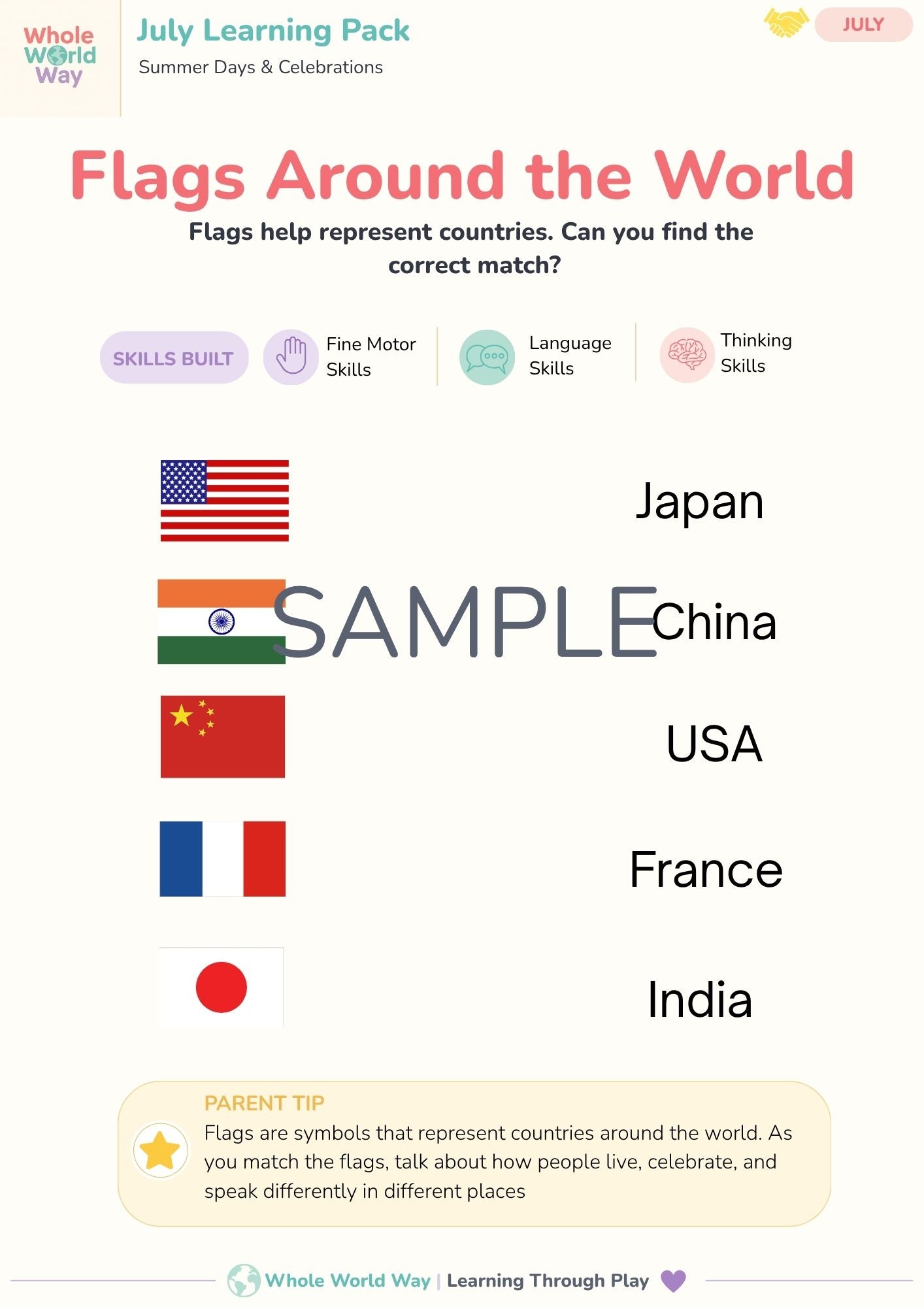 July Printable Learning Pack for Preschoolers (Ages 3–5) | Summer & Independence Day Activities