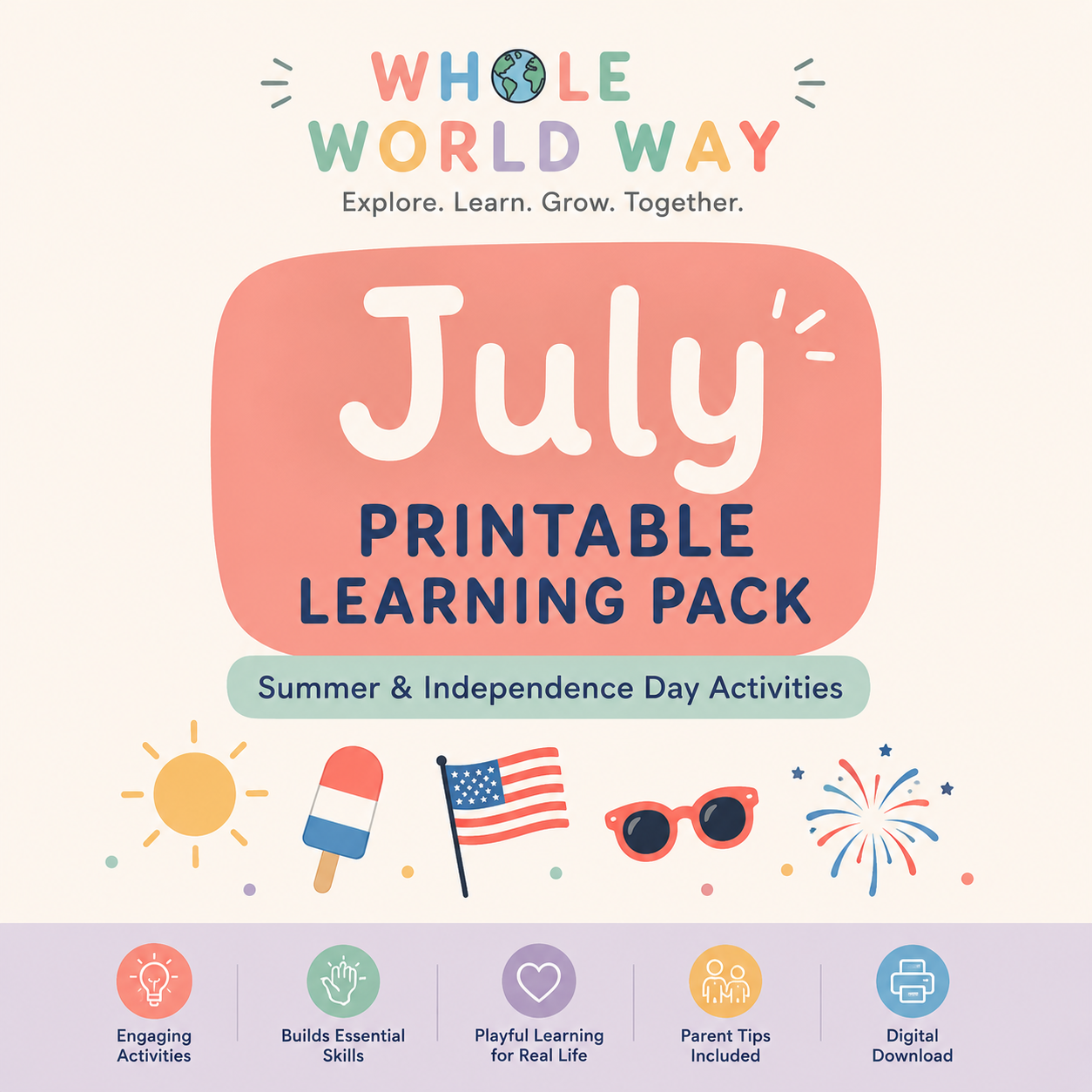 July Printable Learning Pack for Toddlers (Ages 3–5) | Summer & Independence Day Activities