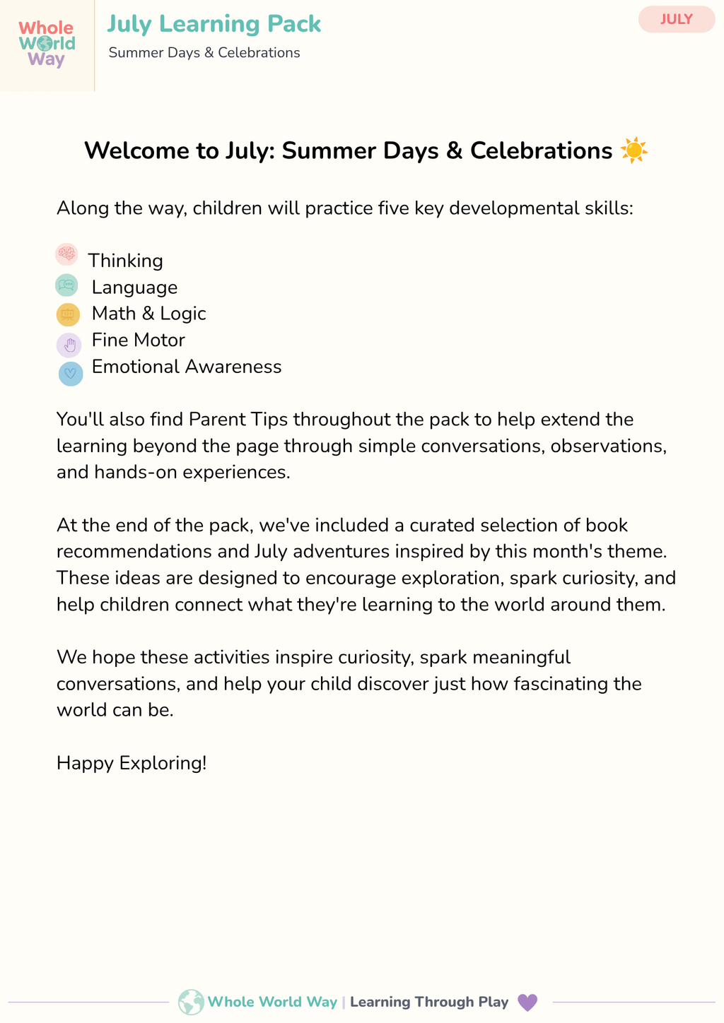 July Printable Learning Pack for Preschoolers (Ages 3–5) | Summer & Independence Day Activities