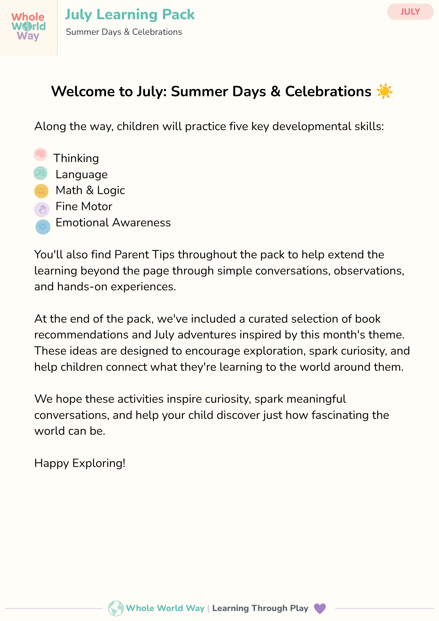 July Printable Learning Pack for Preschoolers (Ages 3–5) | Summer & Independence Day Activities